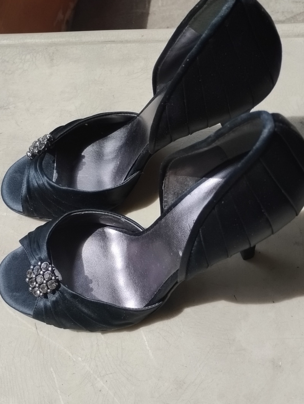 Nine West Black Satin Peep-Toe Heels with Rhinestone Brooch